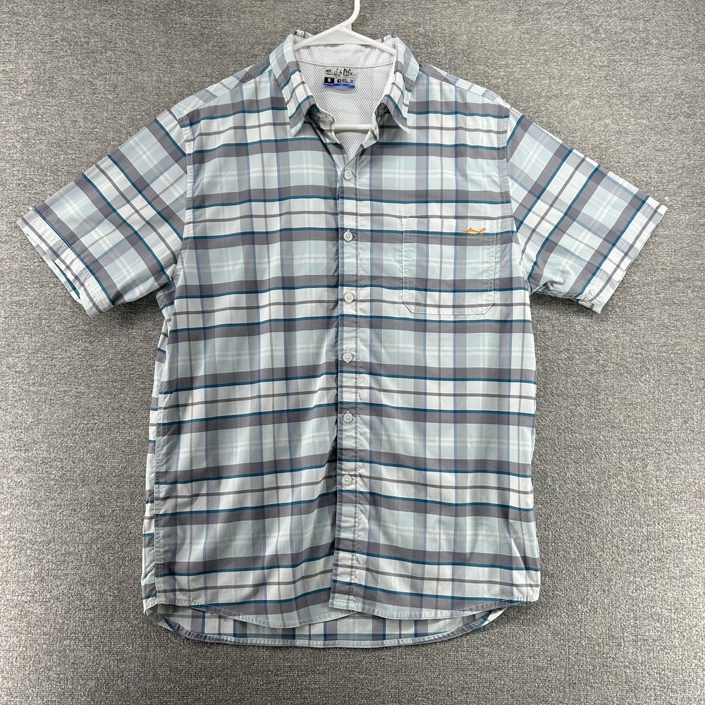 Salt Life Shirt Short Sleeve Men Size Small Vented Blue Gray Plaid Fishing